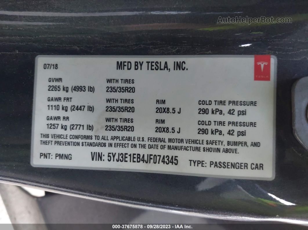 2018 Tesla Model 3 Long Range Серый vin: 5YJ3E1EB4JF074345