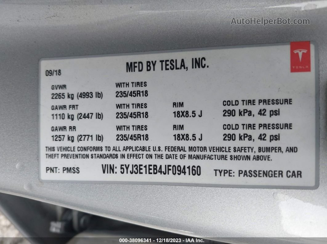 2018 Tesla Model 3 Long Range/performance Silver vin: 5YJ3E1EB4JF094160