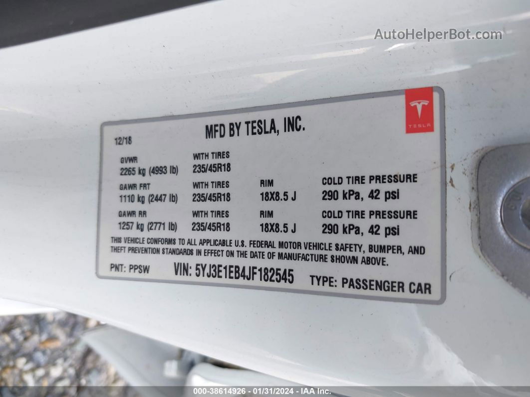 2018 Tesla Model 3 Long Range/performance White vin: 5YJ3E1EB4JF182545