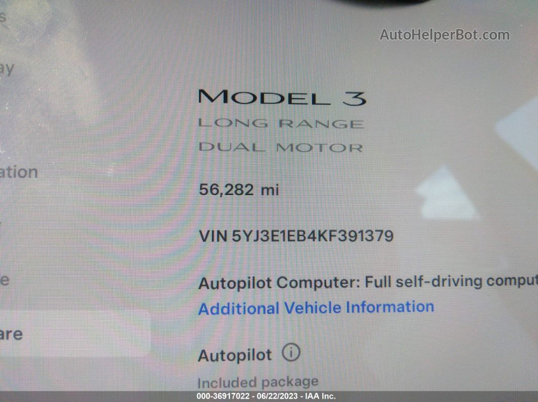 2019 Tesla Model 3 Long Range/performance Black vin: 5YJ3E1EB4KF391379