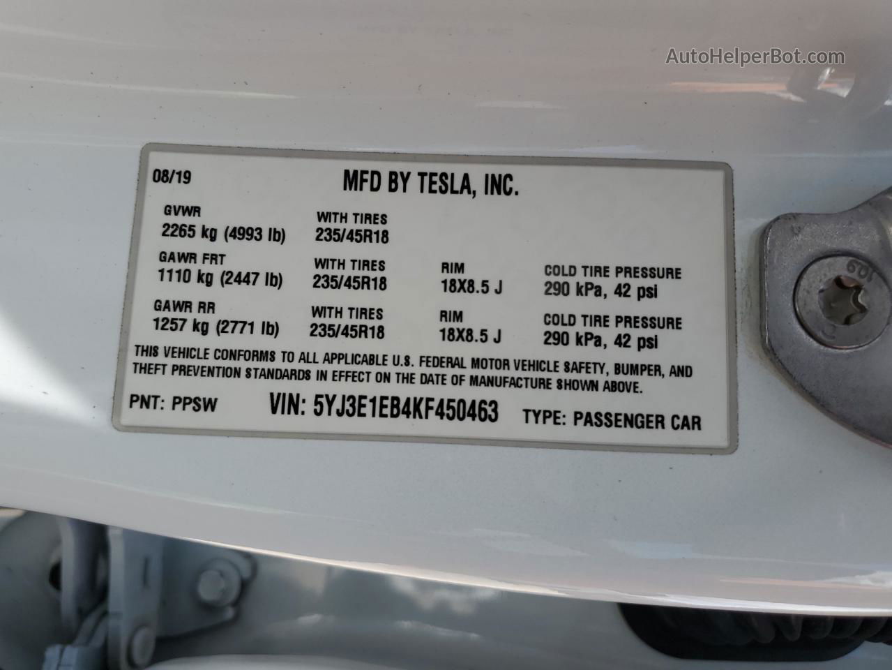 2019 Tesla Model 3  White vin: 5YJ3E1EB4KF450463