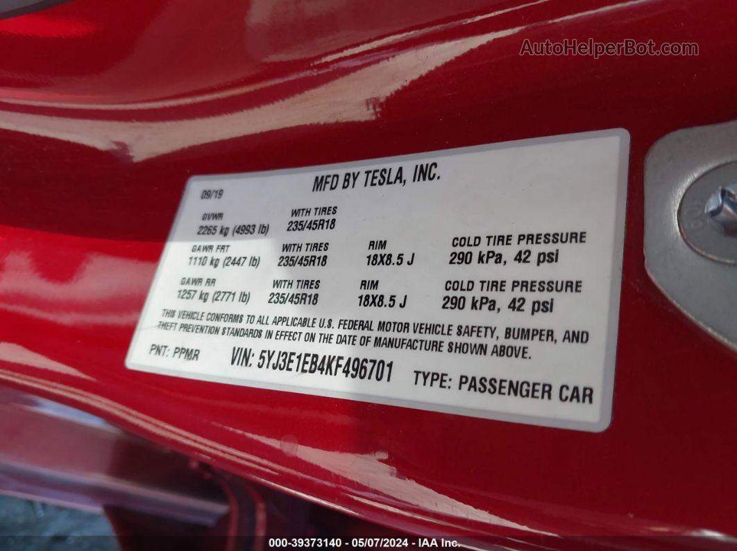 2019 Tesla Model 3 Long Range/performance Red vin: 5YJ3E1EB4KF496701