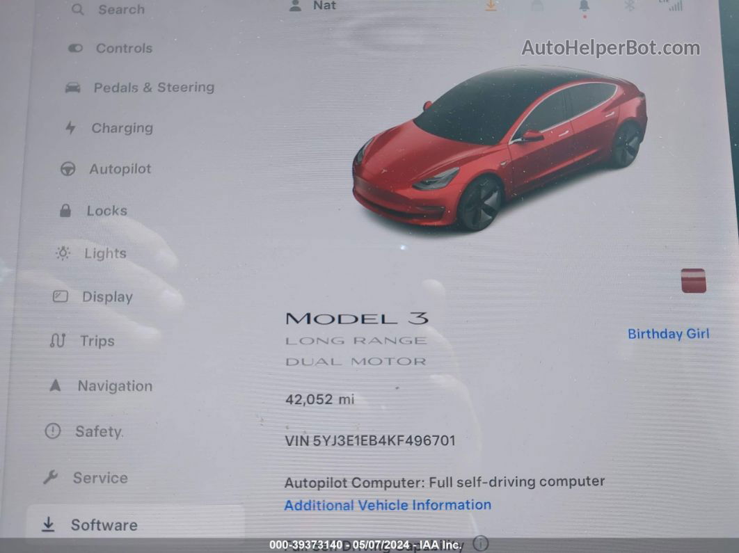 2019 Tesla Model 3 Long Range/performance Red vin: 5YJ3E1EB4KF496701