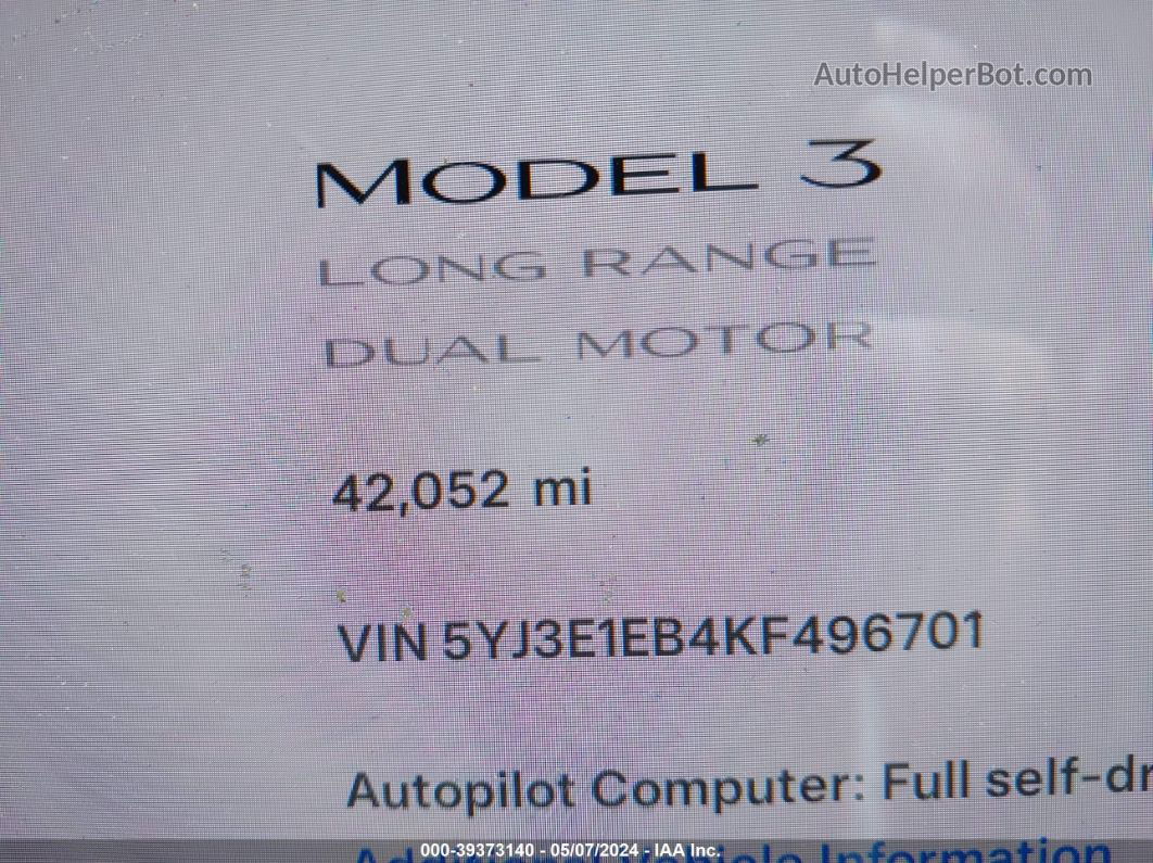 2019 Tesla Model 3 Long Range/performance Red vin: 5YJ3E1EB4KF496701