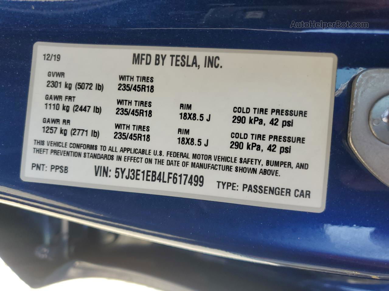 2020 Tesla Model 3  Blue vin: 5YJ3E1EB4LF617499