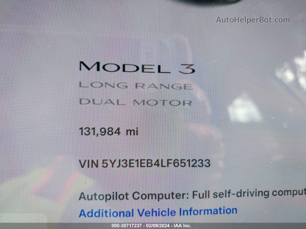 2020 Tesla Model 3 Long Range Dual Motor All-wheel Drive White vin: 5YJ3E1EB4LF651233