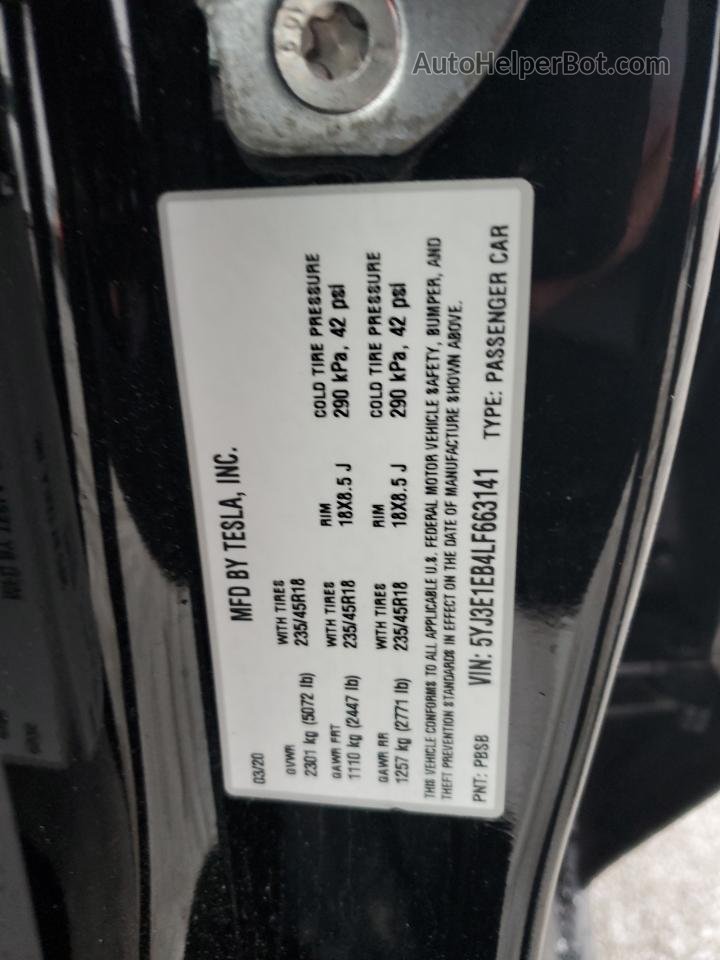 2020 Tesla Model 3  Black vin: 5YJ3E1EB4LF663141