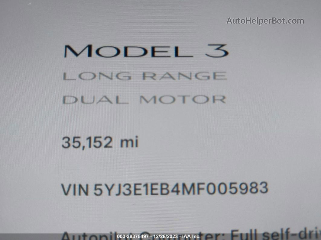 2021 Tesla Model 3 Long Range Dual Motor All-wheel Drive White vin: 5YJ3E1EB4MF005983