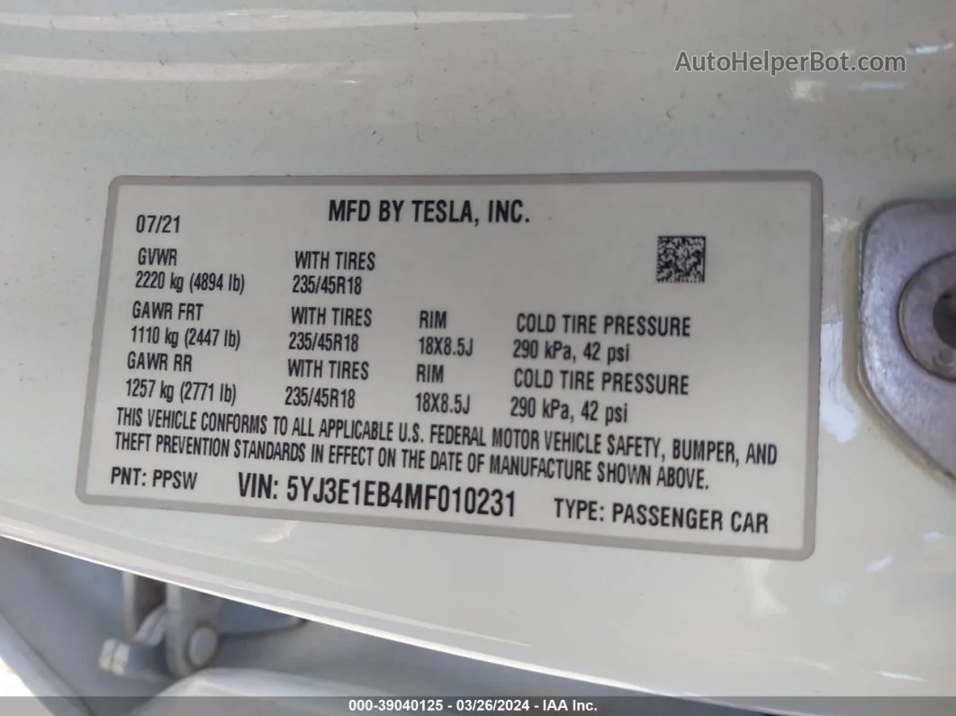 2021 Tesla Model 3 Long Range Dual Motor All-wheel Drive Белый vin: 5YJ3E1EB4MF010231