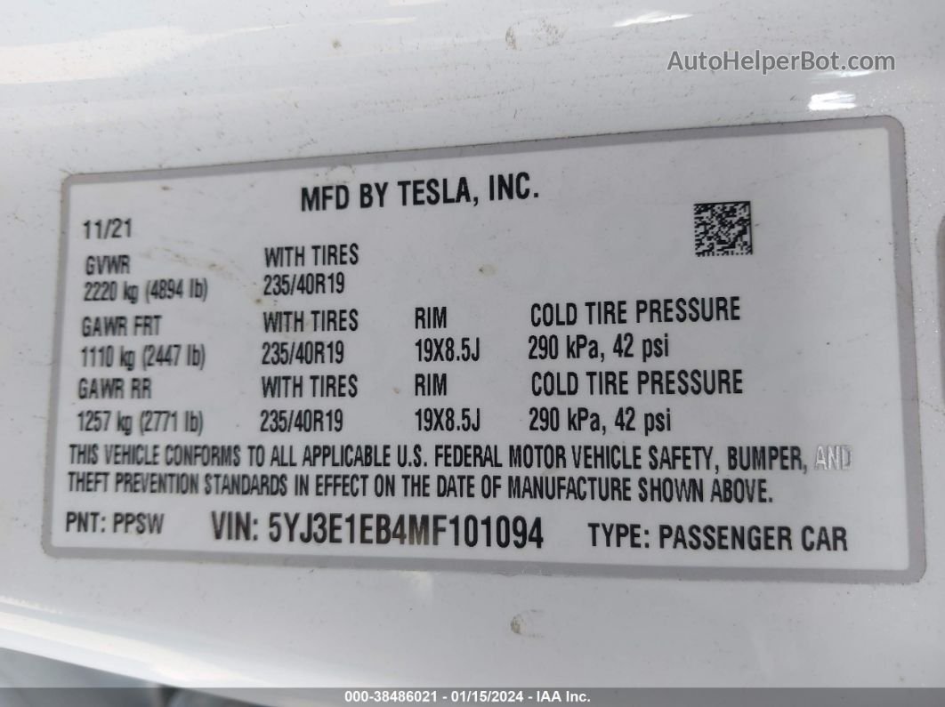 2021 Tesla Model 3 Long Range Dual Motor All-wheel Drive White vin: 5YJ3E1EB4MF101094