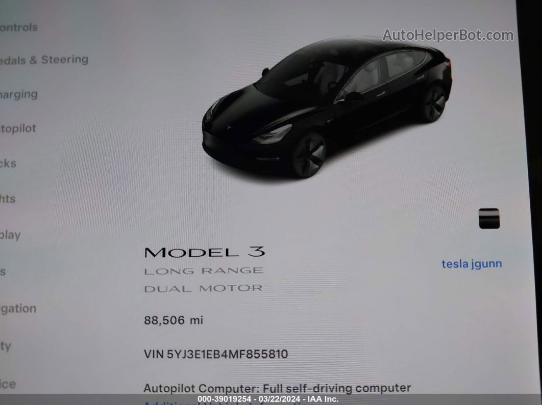 2021 Tesla Model 3 Long Range Dual Motor All-wheel Drive Black vin: 5YJ3E1EB4MF855810