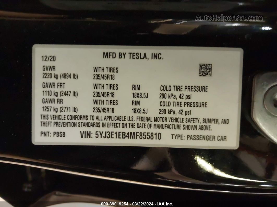 2021 Tesla Model 3 Long Range Dual Motor All-wheel Drive Black vin: 5YJ3E1EB4MF855810