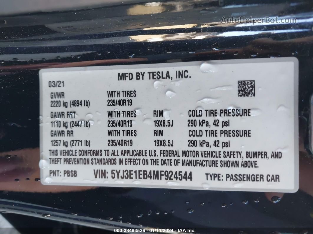 2021 Tesla Model 3 Long Range Dual Motor All-wheel Drive Черный vin: 5YJ3E1EB4MF924544