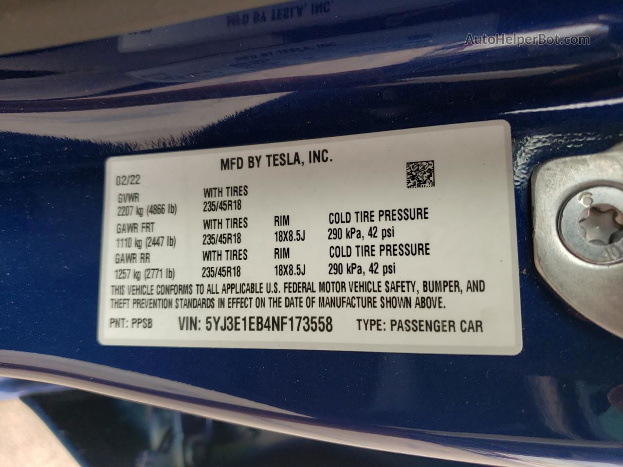 2022 Tesla Model 3 Blue vin: 5YJ3E1EB4NF173558