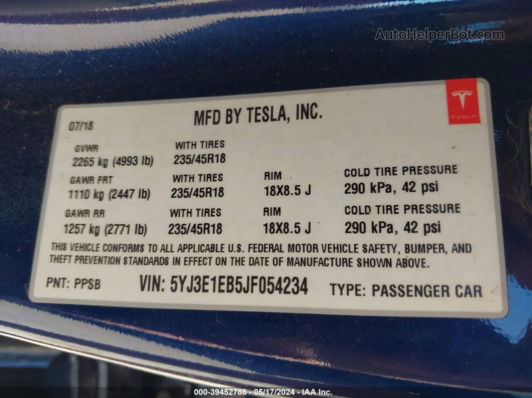 2018 Tesla Model 3 Long Range/performance Dark Blue vin: 5YJ3E1EB5JF054234