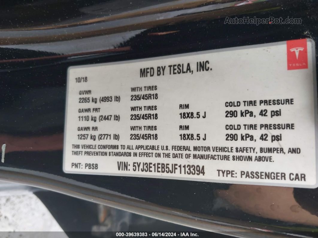 2018 Tesla Model 3 Long Range/performance Black vin: 5YJ3E1EB5JF113394