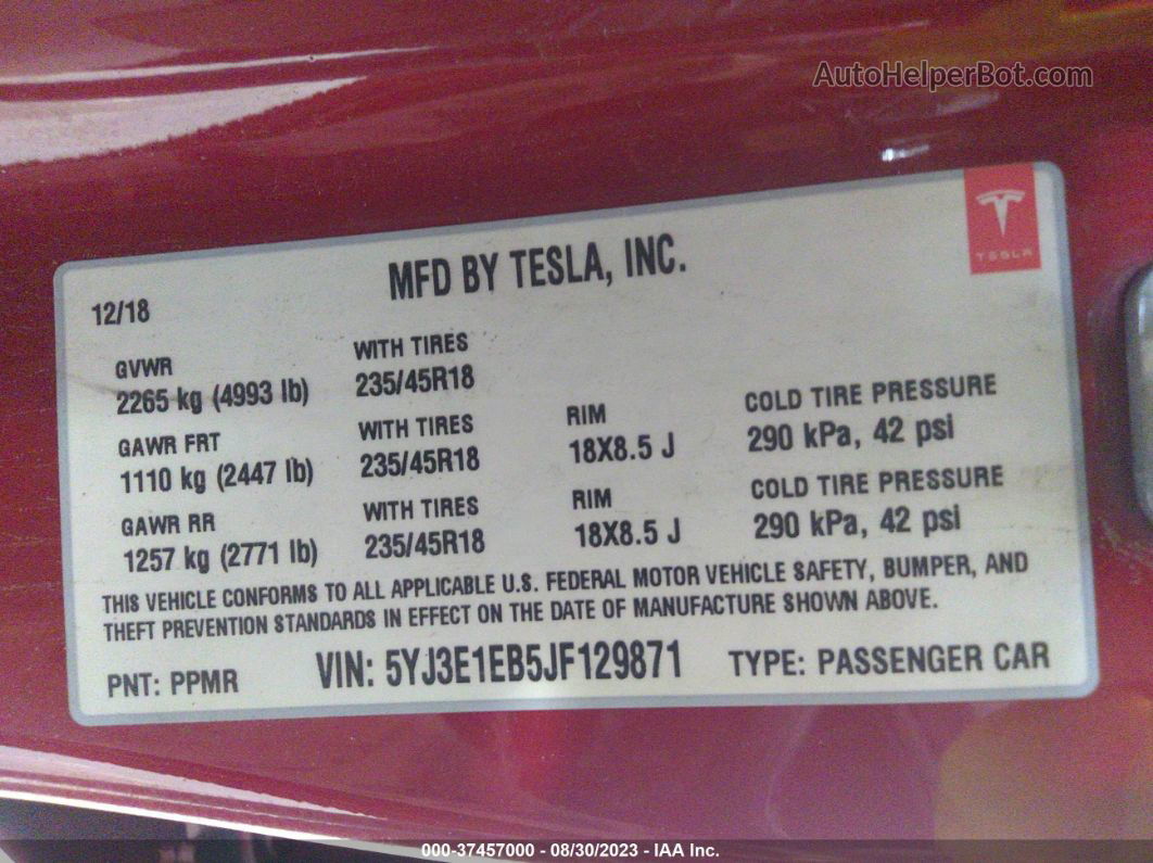 2018 Tesla Model 3 Long Range Red vin: 5YJ3E1EB5JF129871