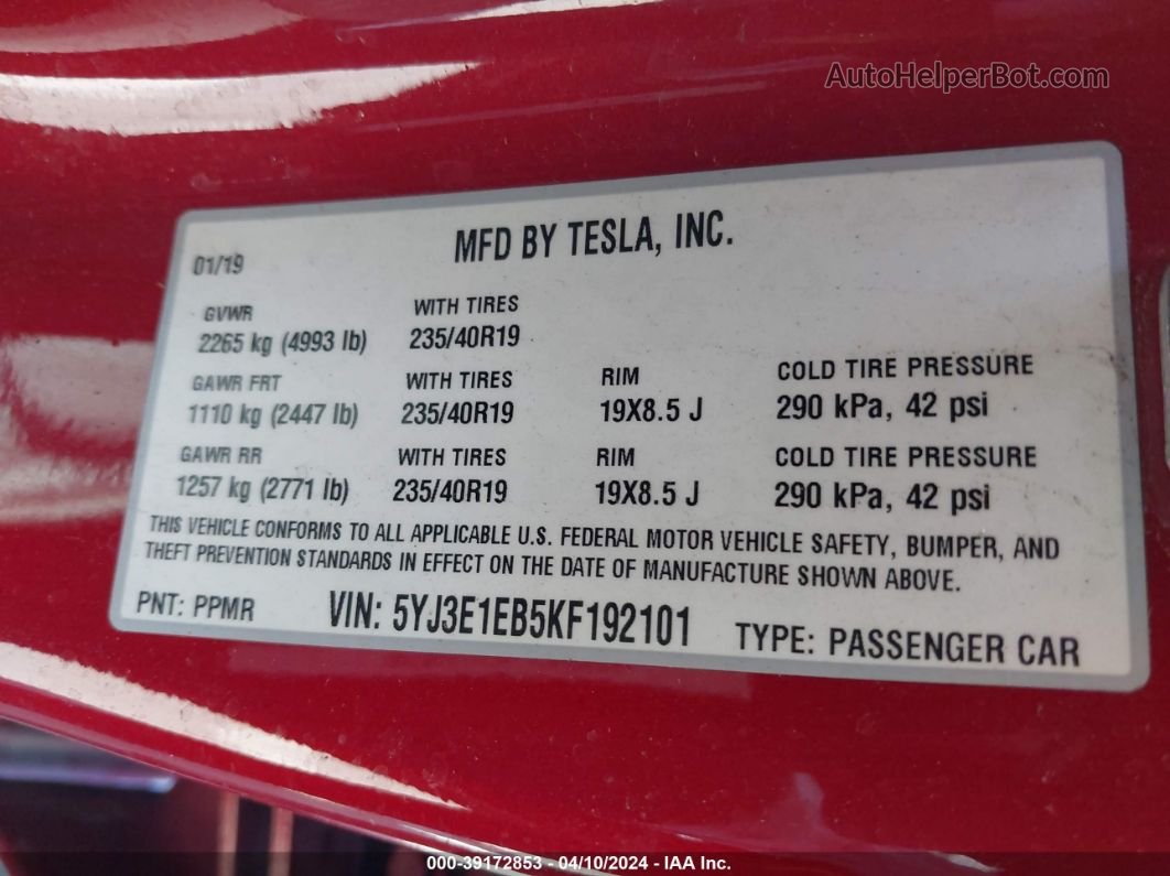 2019 Tesla Model 3 Long Range/performance Red vin: 5YJ3E1EB5KF192101