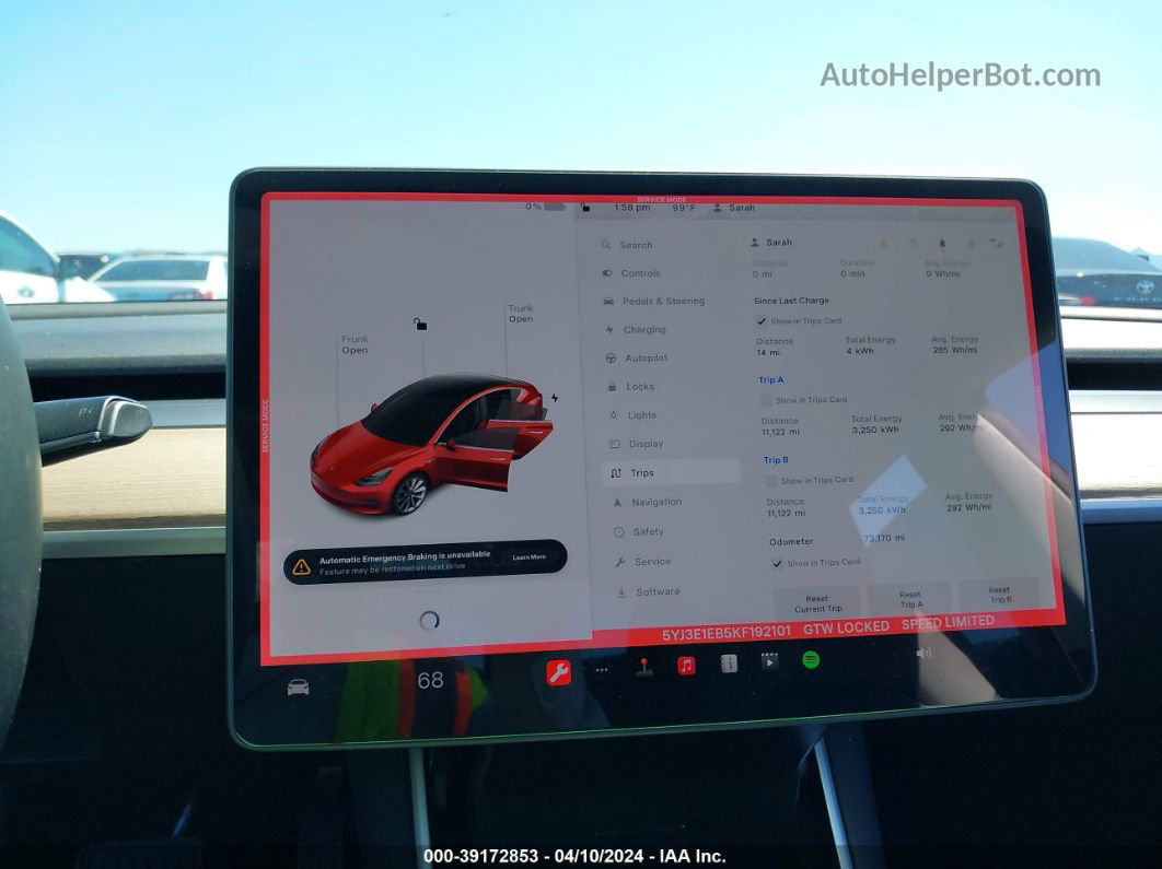 2019 Tesla Model 3 Long Range/performance Red vin: 5YJ3E1EB5KF192101