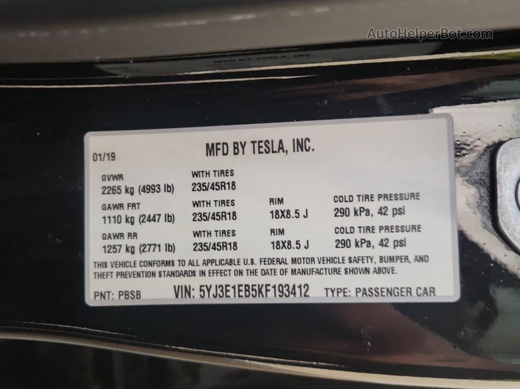 2019 Tesla Model 3   Белый vin: 5YJ3E1EB5KF193412