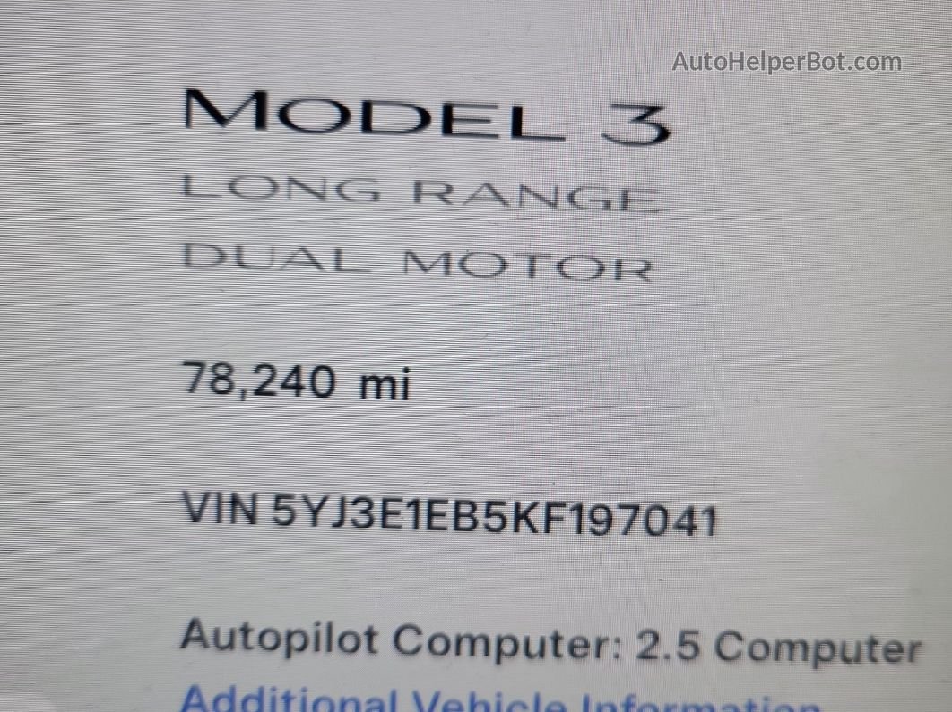 2019 Tesla Model 3   Белый vin: 5YJ3E1EB5KF197041