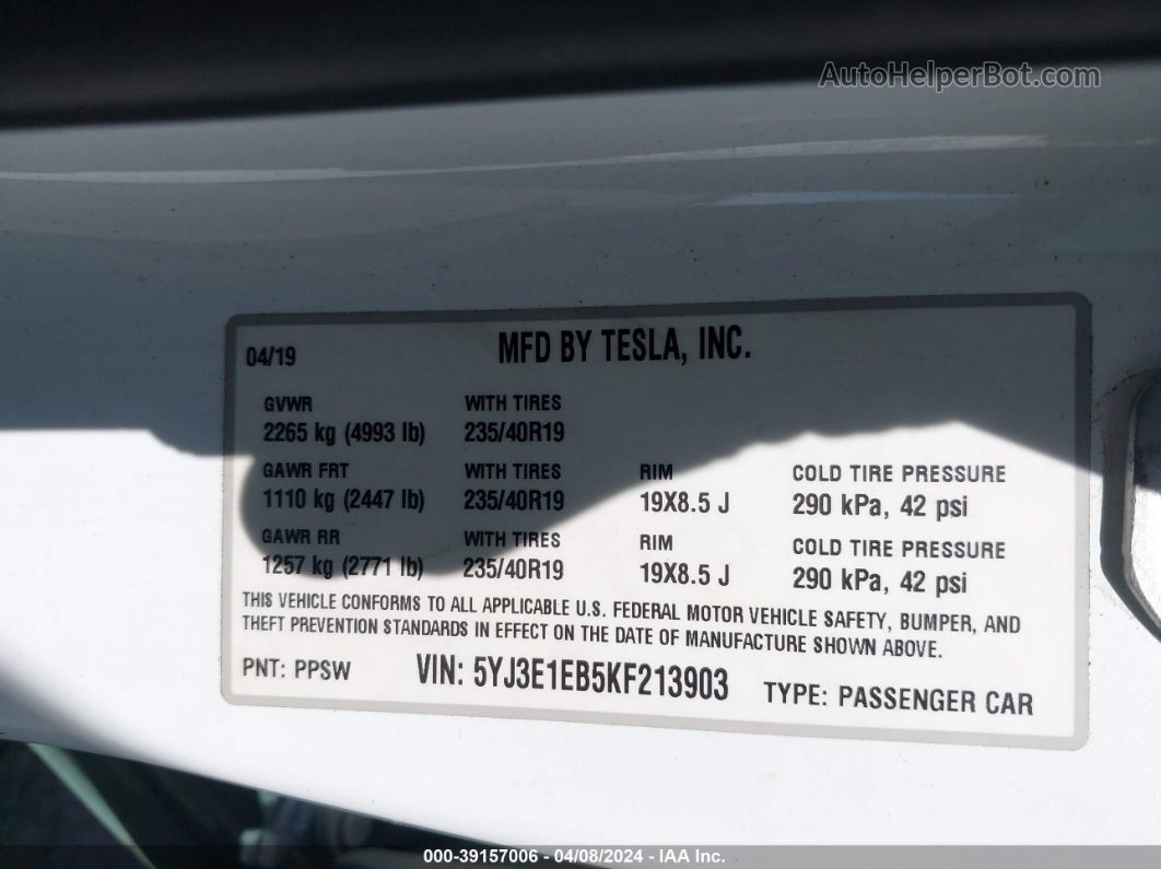 2019 Tesla Model 3 Long Range/performance Белый vin: 5YJ3E1EB5KF213903