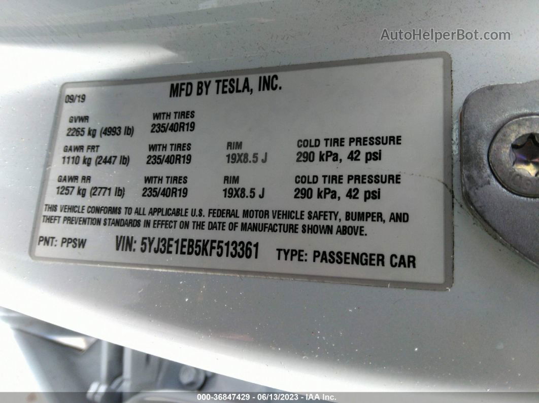 2019 Tesla Model 3 Long Range/performance Белый vin: 5YJ3E1EB5KF513361