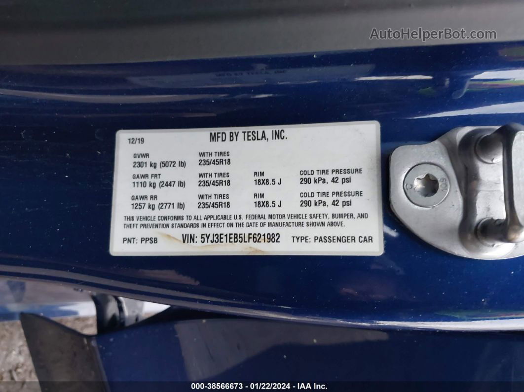 2020 Tesla Model 3 Long Range Dual Motor All-wheel Drive Синий vin: 5YJ3E1EB5LF621982