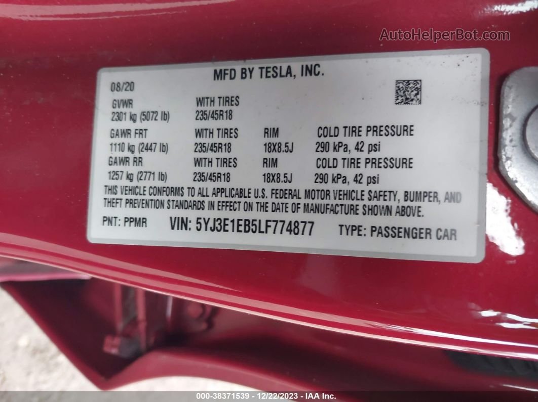 2020 Tesla Model 3 Long Range Dual Motor All-wheel Drive Красный vin: 5YJ3E1EB5LF774877