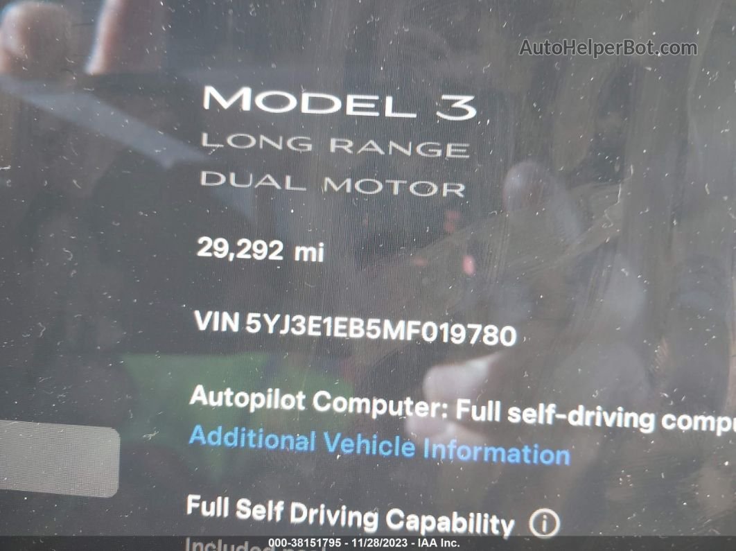 2021 Tesla Model 3 Long Range Dual Motor All-wheel Drive White vin: 5YJ3E1EB5MF019780