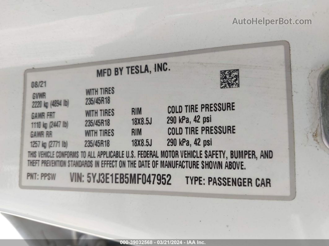 2021 Tesla Model 3 Long Range Dual Motor All-wheel Drive White vin: 5YJ3E1EB5MF047952