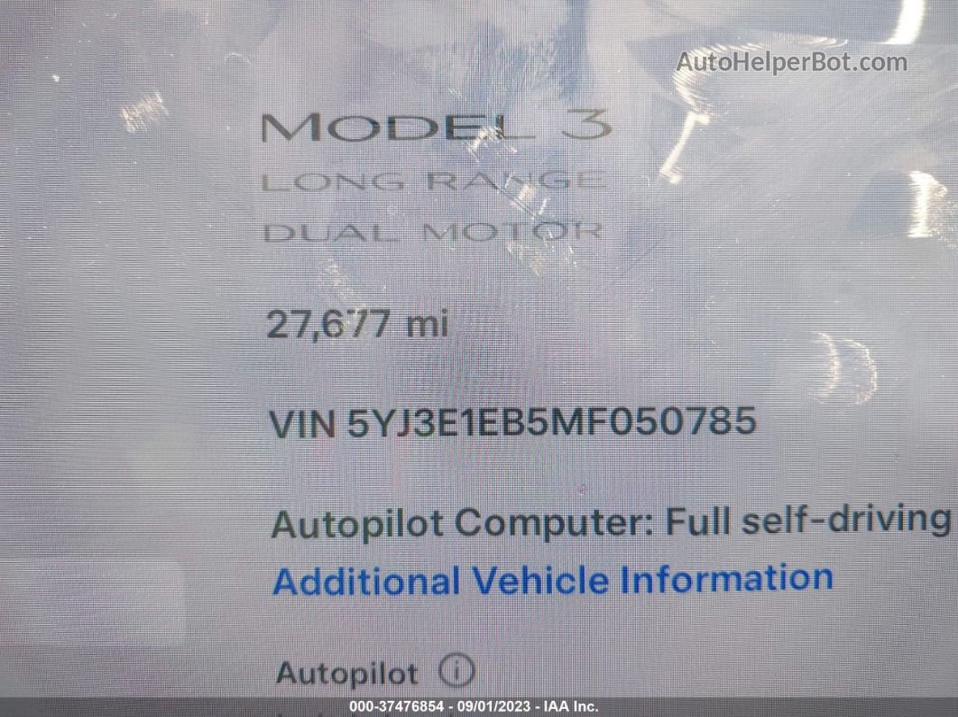 2021 Tesla Model 3 Long Range White vin: 5YJ3E1EB5MF050785