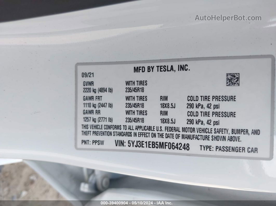 2021 Tesla Model 3 Long Range Dual Motor All-wheel Drive Белый vin: 5YJ3E1EB5MF064248