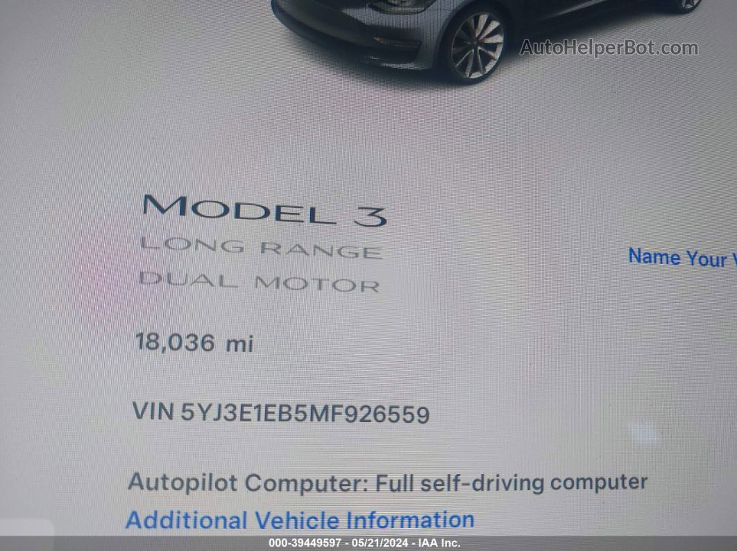 2021 Tesla Model 3 Long Range Dual Motor All-wheel Drive Gray vin: 5YJ3E1EB5MF926559