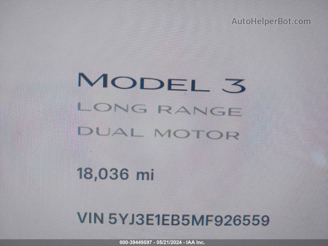 2021 Tesla Model 3 Long Range Dual Motor All-wheel Drive Gray vin: 5YJ3E1EB5MF926559