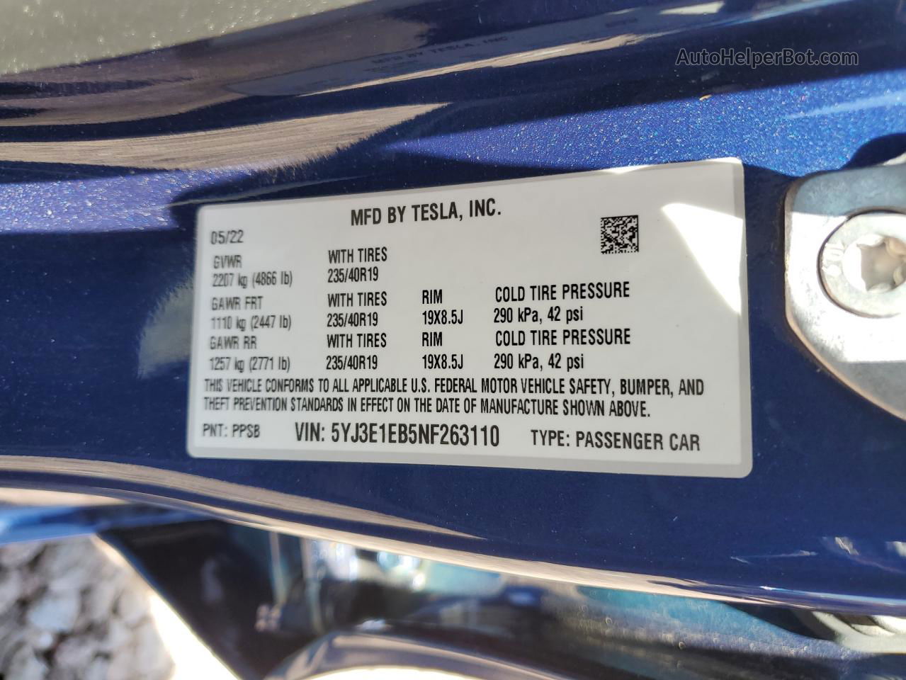 2022 Tesla Model 3  Синий vin: 5YJ3E1EB5NF263110