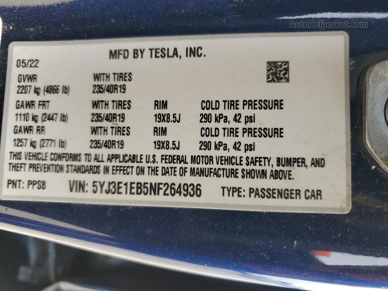 2022 Tesla Model 3  Blue vin: 5YJ3E1EB5NF264936