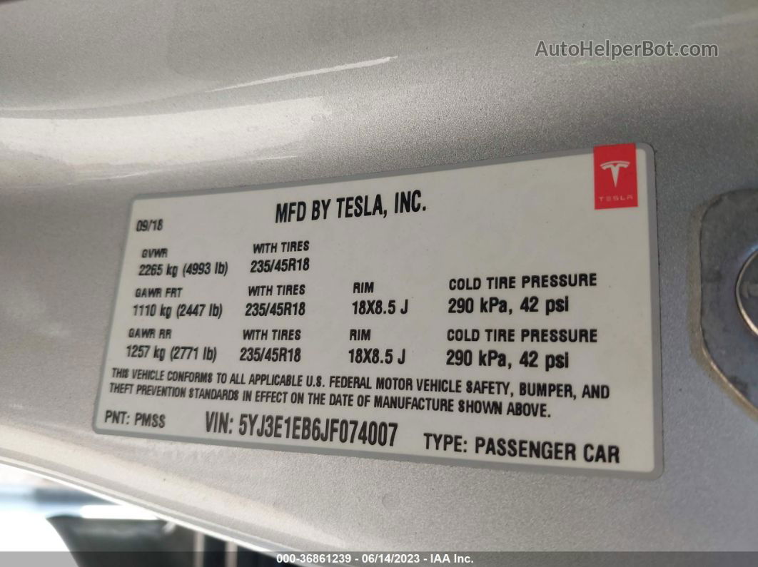 2018 Tesla Model 3 Long Range Silver vin: 5YJ3E1EB6JF074007