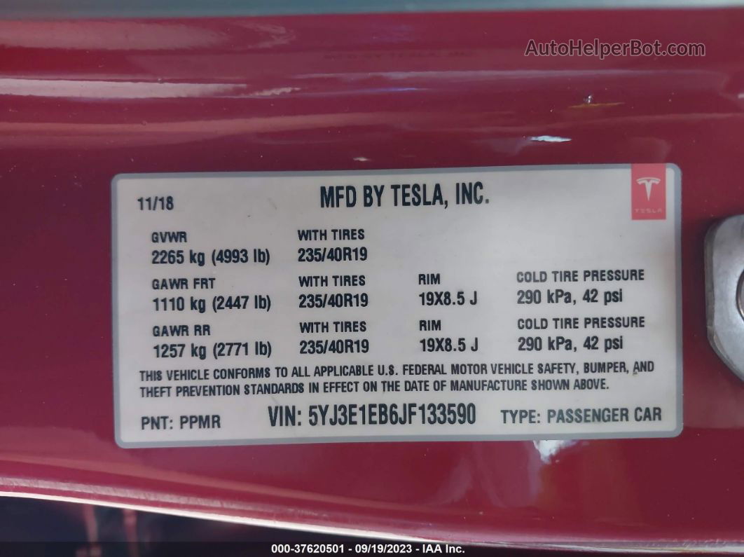 2018 Tesla Model 3 Performance Red vin: 5YJ3E1EB6JF133590