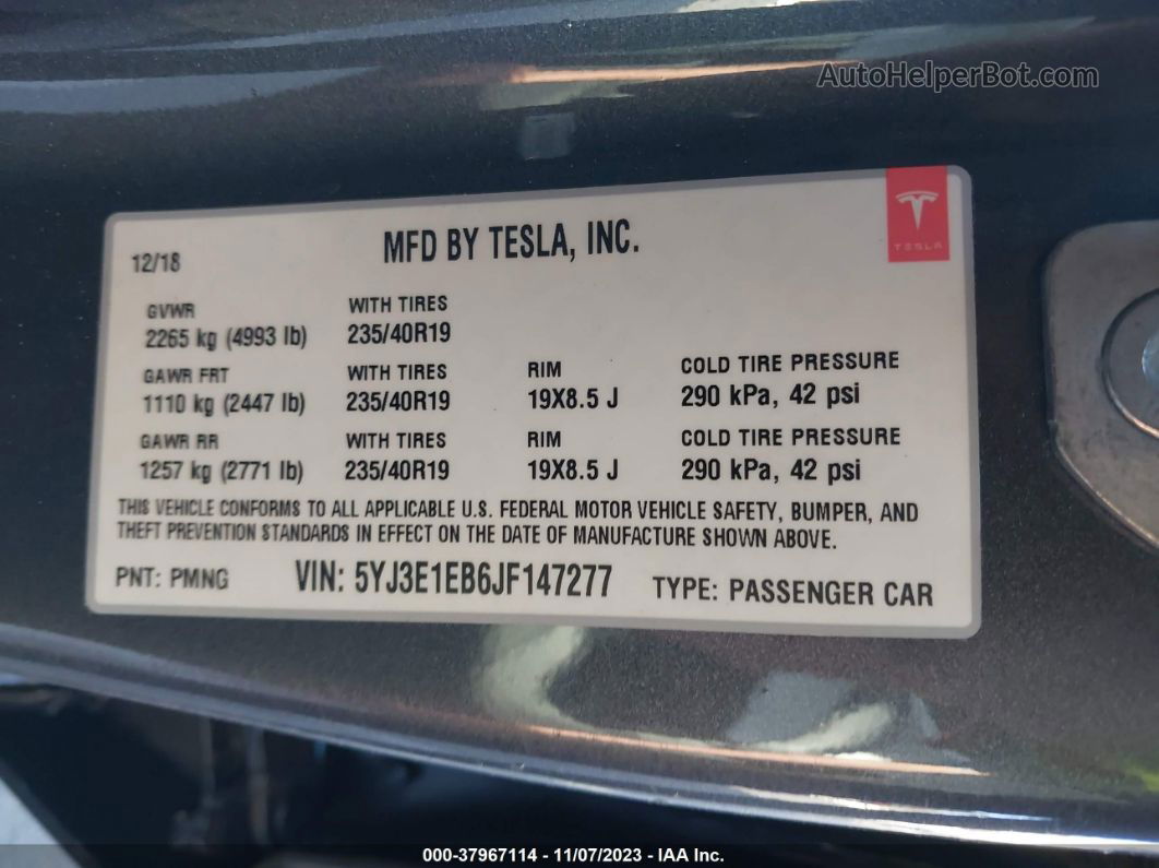 2018 Tesla Model 3 Performance/long Range Gray vin: 5YJ3E1EB6JF147277