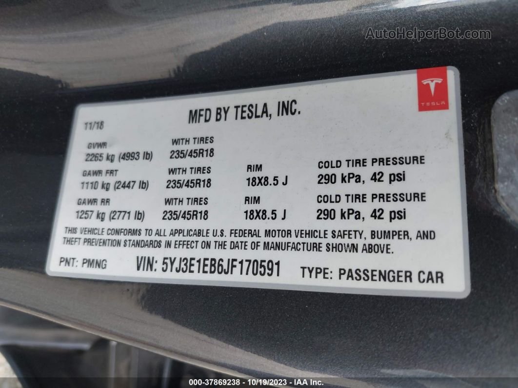 2018 Tesla Model 3 Performance/long Range Серый vin: 5YJ3E1EB6JF170591