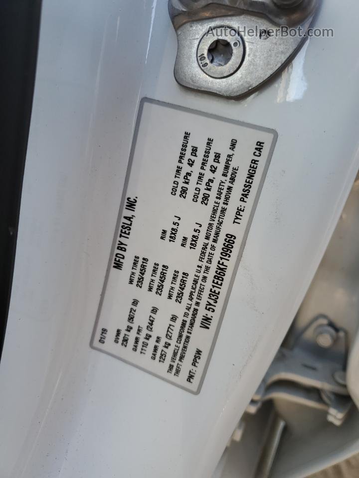 2019 Tesla Model 3  Белый vin: 5YJ3E1EB6KF199669