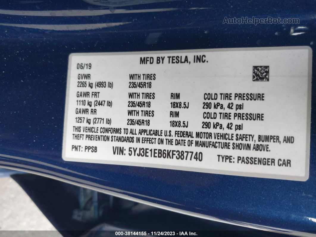 2019 Tesla Model 3 Performance/long Range Blue vin: 5YJ3E1EB6KF387740