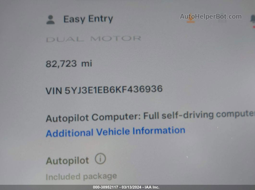 2019 Tesla Model 3 Long Range/performance White vin: 5YJ3E1EB6KF436936