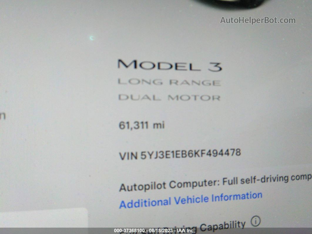 2019 Tesla Model 3 Long Range/performance White vin: 5YJ3E1EB6KF494478