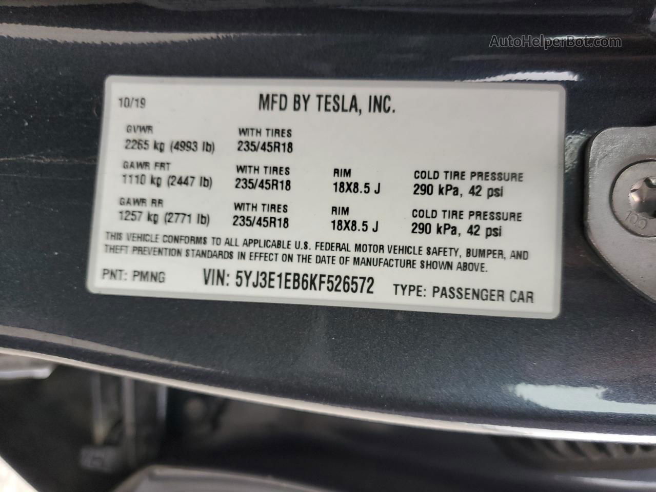 2019 Tesla Model 3  Серый vin: 5YJ3E1EB6KF526572