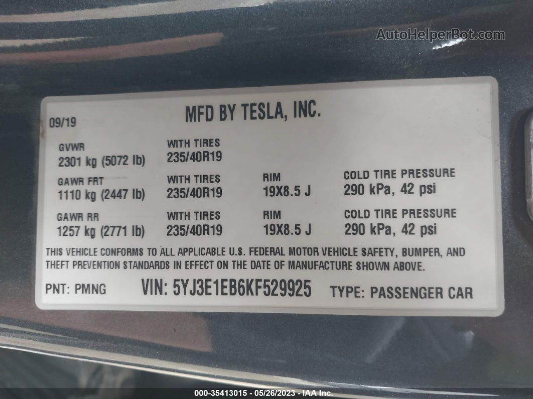 2019 Tesla Model 3 Long Range/performance Gray vin: 5YJ3E1EB6KF529925