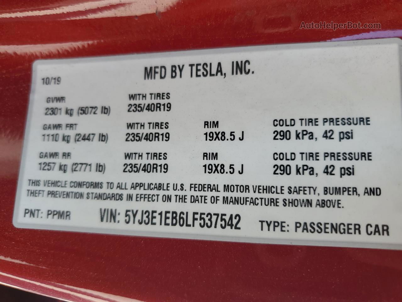 2020 Tesla Model 3  Red vin: 5YJ3E1EB6LF537542