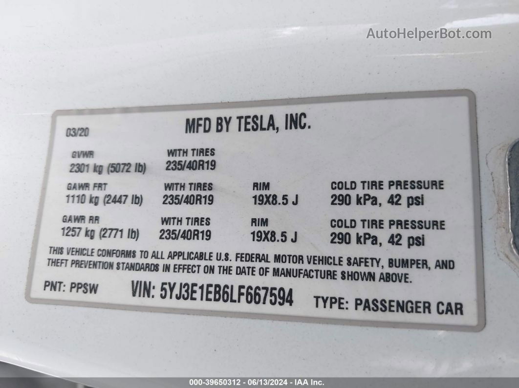 2020 Tesla Model 3 Long Range Dual Motor All-wheel Drive White vin: 5YJ3E1EB6LF667594