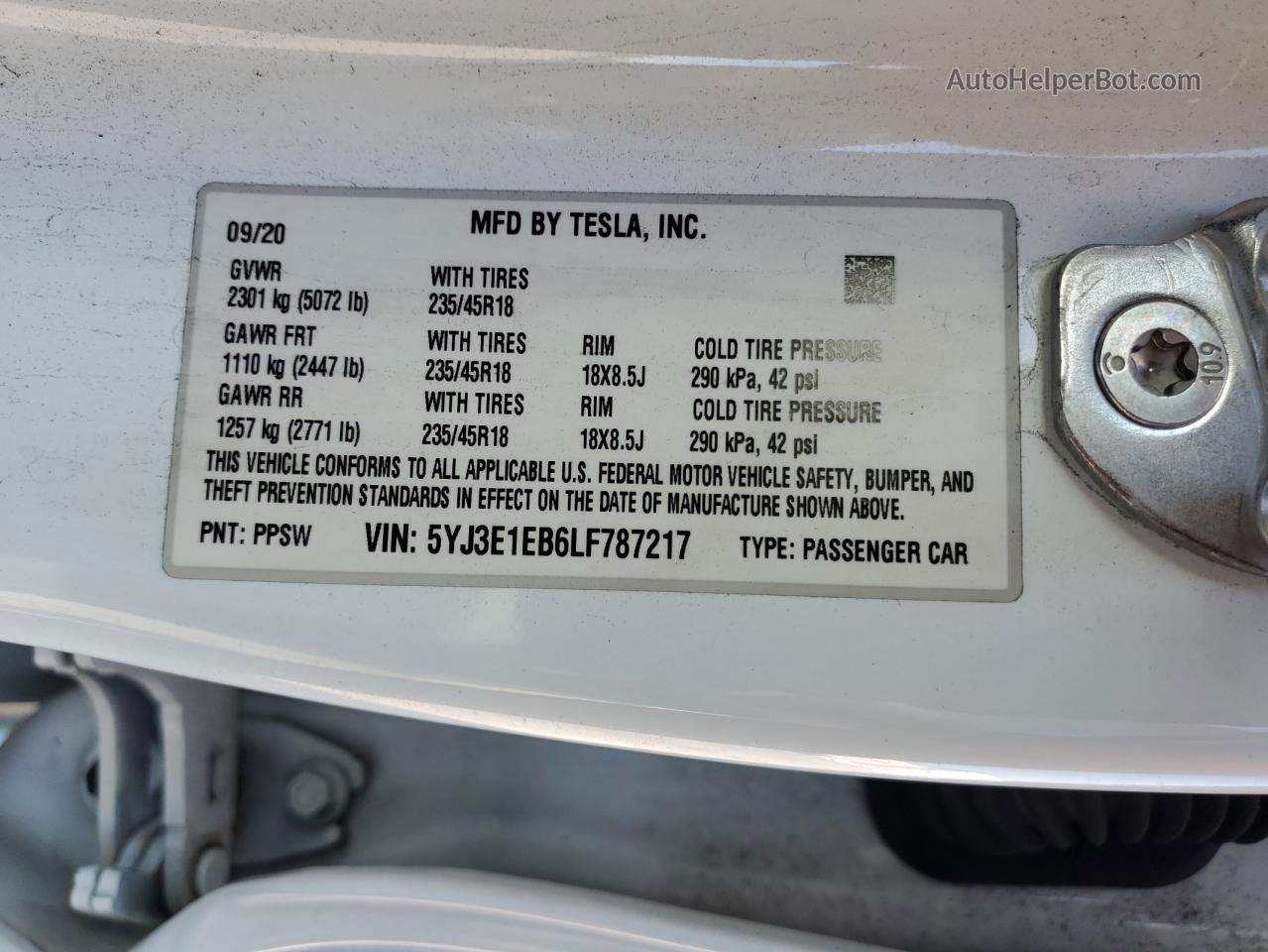 2020 Tesla Model 3  White vin: 5YJ3E1EB6LF787217